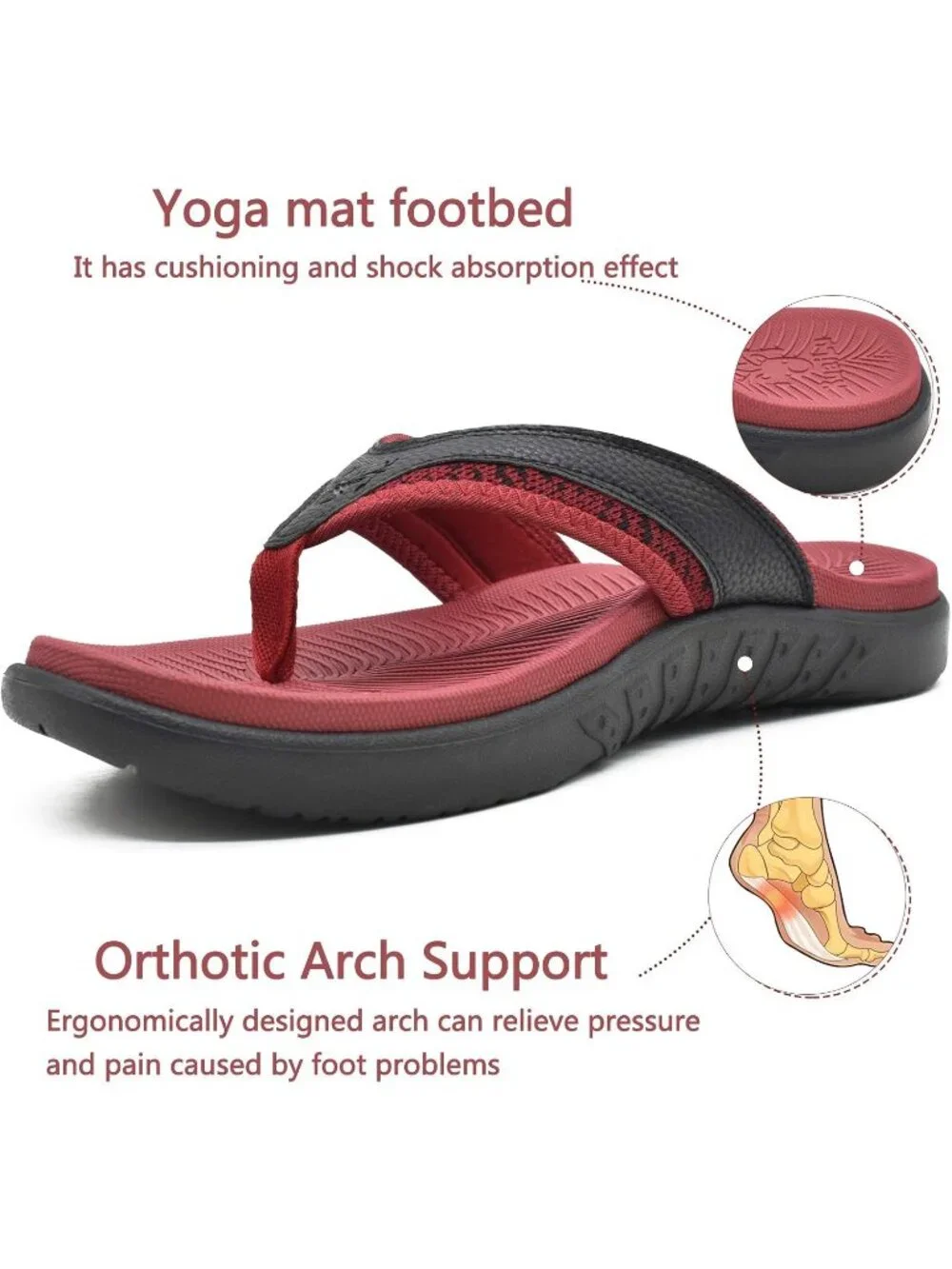 Men's Black Red Sport Flip Flops Comfort Orthotic Thong Sandals Arch Support